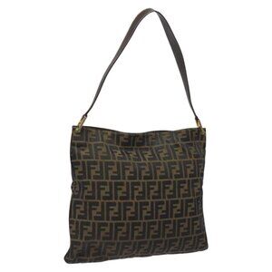 FENDI Zucca Canvas Shoulder Bag Brown Black gold Auth mr1286